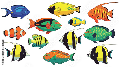 A vibrant and diverse collection of exotic marine fish illustrations showcasing the stunning beauty and intricate patterns of tropical aquatic life