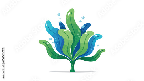 Dynamic underwater plant growth featuring stylized green and blue foliage with effervescent bubbles, embodying a vibrant marine ecosystem nature
