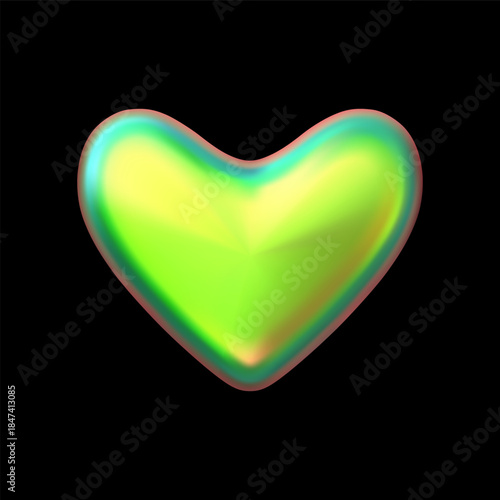 Green holographic heart 3D vector icon, Y2K chrome love symbol iridescent gradient effect, shine metallic romantic emoji