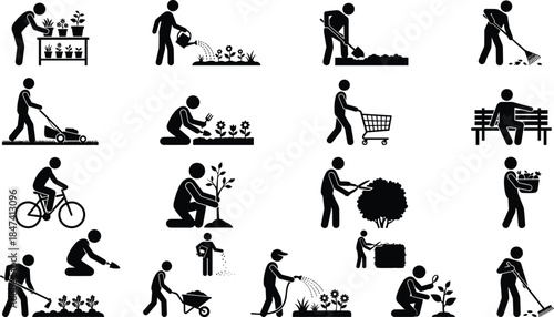 Gardening silhouette icons, outdoor activities, plant care, lawn mowing, watering plants, hedge trimming, cycling, shopping cart, nature lifestyle