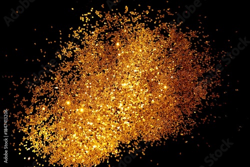Rich golden glitter explosion on dark black background, luxurious sparkling confetti dust texture ideal for festive celebrations, New Year party backdrops, glam invitations and digital designs

