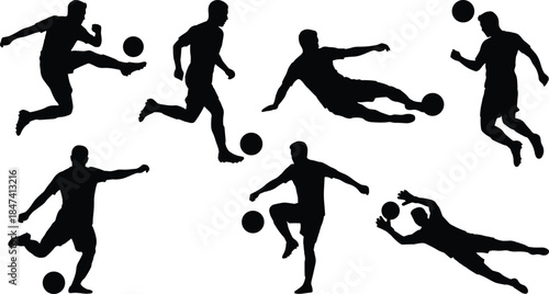 Soccer player silhouettes, football action poses, kicking, running, sliding, juggling, heading, goalkeeping, athletic movement, sports icon