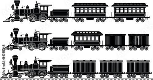 Vintage steam locomotive silhouettes, coal tender, passenger train, boxcar transport, railway history, classic engine, transportation design, retro