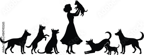 Woman with dogs silhouette, pet care, animal bonding, puppy love, companionship, dog training, playful pets, family lifestyle