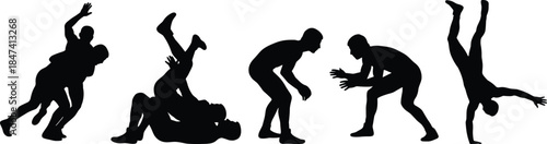 Wrestling silhouette icons, martial arts poses, combat sports, acrobatic movement, grappling stance, fitness training, dynamic action, performance