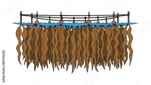 Aquatic cultivation system for brown seaweed harvest featuring submerged fronds. A floating platform supports numerous kelp strands for sustainable