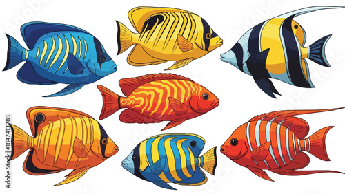 Vibrant tropical fish collection showcasing diverse marine life in colorful vector illustrations on a pristine white background