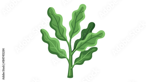 Vibrant botanical illustration of a single green plant stem with multiple lush, wavy leaves, symbolizing growth, freshness, and nature's serene