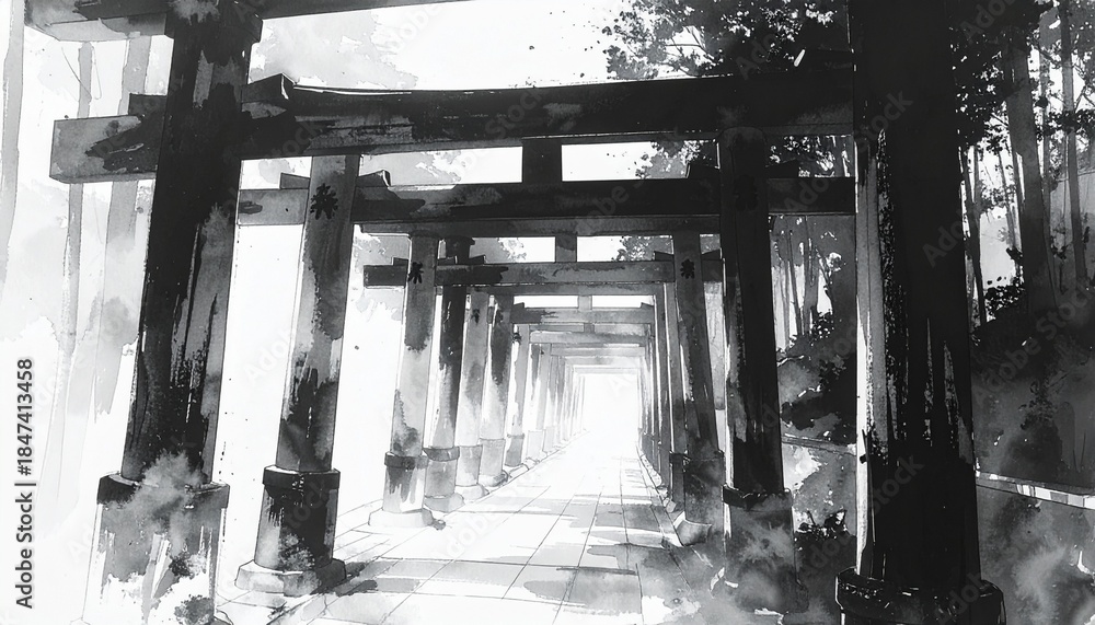 Fototapeta premium 伏見稲荷大社の鳥居が連なる白黒墨絵
