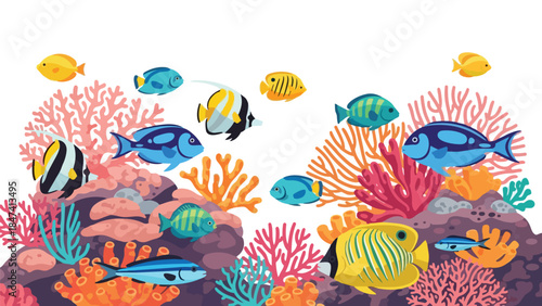 An engaging cartoon illustration presenting a vivid underwater spectacle with a rich variety of colorful tropical fish navigating a lively,