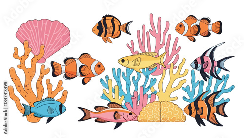 Vibrant underwater world teeming with diverse marine life and colorful coral formations