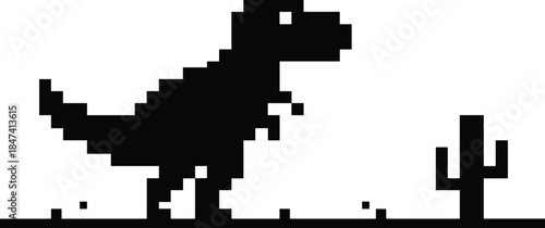 Pixel dinosaur runner silhouette icon in retro arcade style showing endless game concept, minimal black and white vector illustration