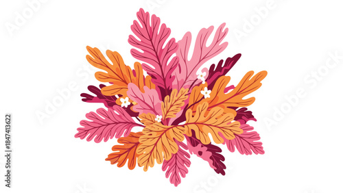Vibrant autumnal foliage illustration with stylized pink orange and maroon leaves and delicate white blossoms