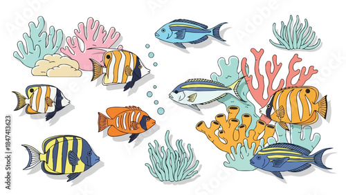 Vibrant underwater ecosystem illustration featuring diverse tropical fish and colorful coral formations a lively marine life display