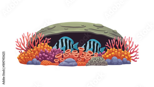 Underwater ecosystem vibrant illustration with two striped fish hiding in a coral cave surrounded by a colorful array of diverse marine flora and