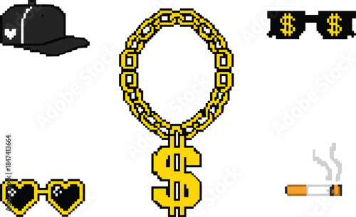 Pixel luxury street style icon set with gold dollar chain sunglasses cap cigarette in retro hip hop game art style