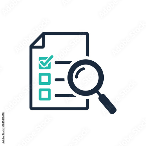 Vector icon illustrating a detailed review process with a checklist and magnifying glass, symbolizing assessment, validation, compliance, task completion, and thorough data examination