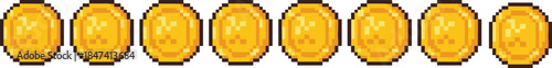Pixel gold coin icons row in retro arcade style showing game currency reward, collectible bonus item, isolated vector illustration
