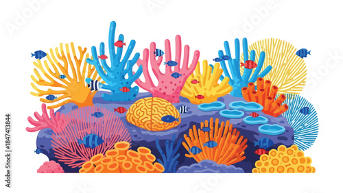 Vibrant coral reef illustration. Diverse aquatic flora, fish, unique brain coral. Symbolizes profound oceanic biodiversity natural wonder.