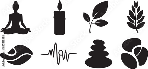 Eight black icons for spa wellness and meditation
