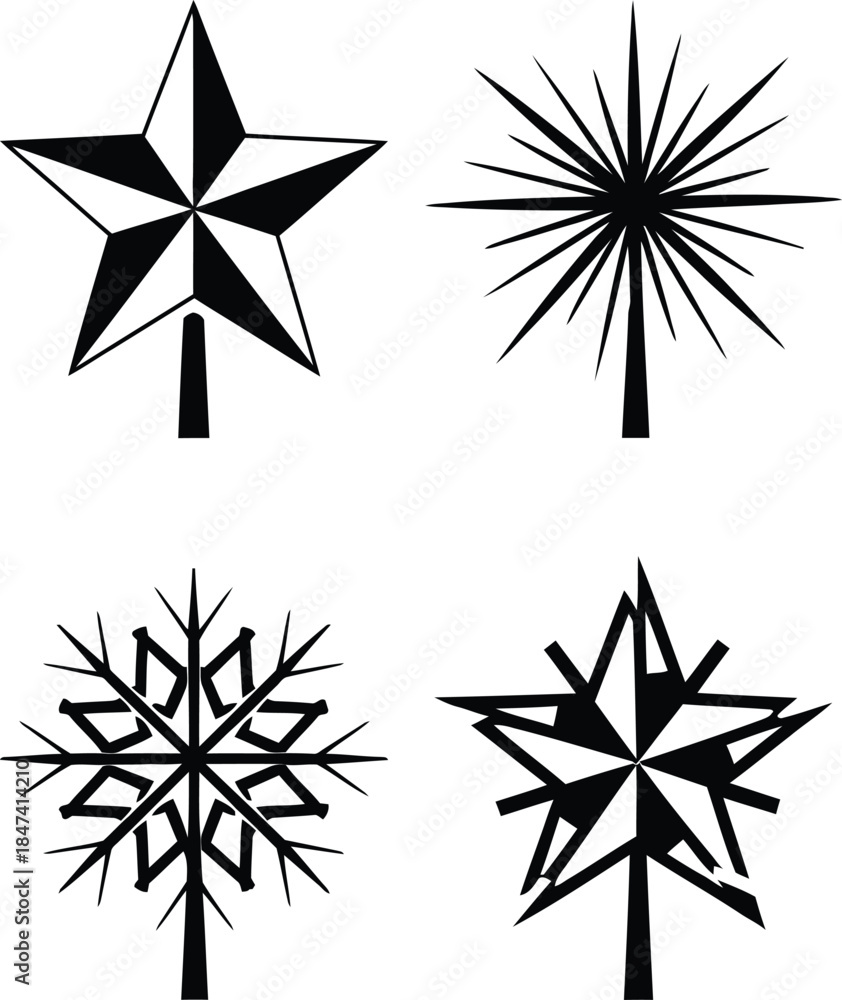 Fototapeta premium Set of minimalist christmas tree toppers with black star snowflake and burst icons isolated on white background for holiday greeting cards and winter decor.