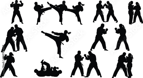 Set of Dynamic Martial Arts Silhouettes Performing Various Fighting Poses, Kicks, Sparring, and Grappling, Illustrating Combat Training and Self-Defense