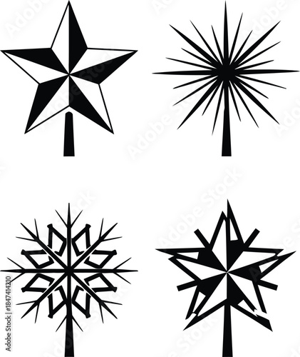 Set of minimalist christmas tree toppers with black star snowflake and burst icons isolated on white background for holiday greeting cards and winter decor.