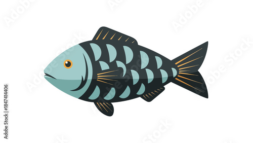 Vibrant stylized fish illustration featuring striking patterned scales and golden fin details