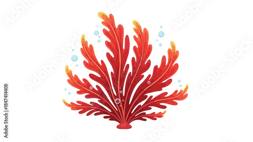 A vivid underwater plant illustration with graceful red foliage and subtle golden accents amidst dancing effervescent bubbles on a pristine white