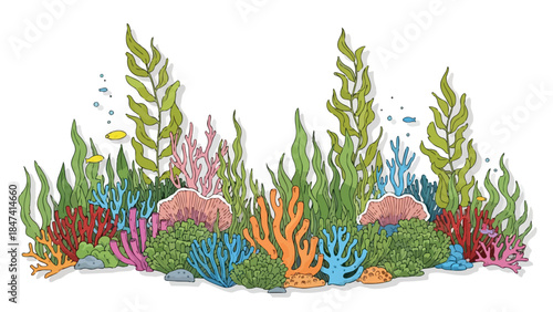 Vibrant Underwater Ecosystem Illustrating Diverse Marine Flora and Fauna in a Lively Ocean Floor Scene