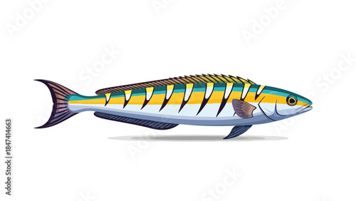 Vibrant illustrative depiction of a sleek, fast-swimming oceanic fish, showcasing its vivid patterns and streamlined form in brilliant blue, yellow,