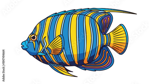Vibrant blue and yellow striped tropical fish illustration swimming gracefully underwater
