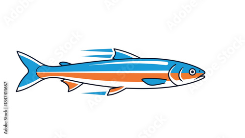 Vibrant blue and orange striped fish illustration depicting swift aquatic motion with dynamic speed lines, conveying energy and speed in a modern