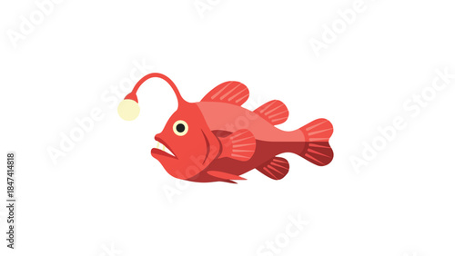 Whimsical illustration of a vibrant red anglerfish with a glowing lure on a clean white background for marine life or fantasy themes