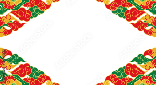 Vibrant chinese new year traditional cloud border design in red, green, and gold with an empty black space for text or graphics, symbolizing good fortune with copy space