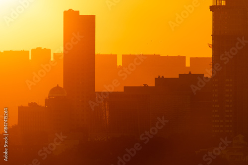 Urban development of Vladivostok at dawn. Bright dawn in Vladivostok.