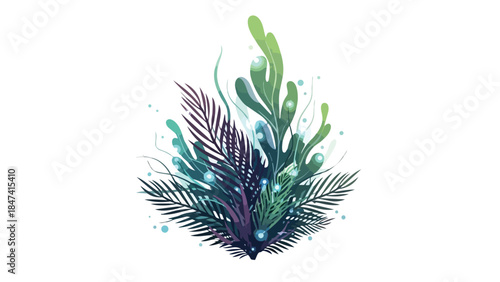 Vibrant aquatic flora with shimmering bubbles and flowing tendrils creating an ethereal underwater scene illustration