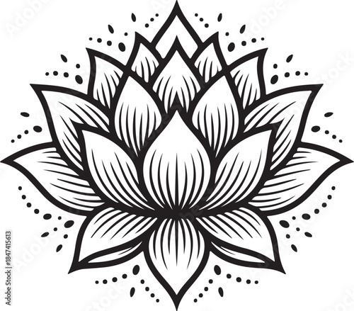 Lotus flower designs in black and white, symbolic and decorative.