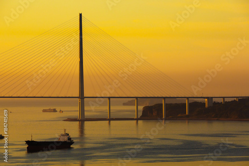 Russian bridge across the Bosphorus Strait East in Vladivostok at dawn