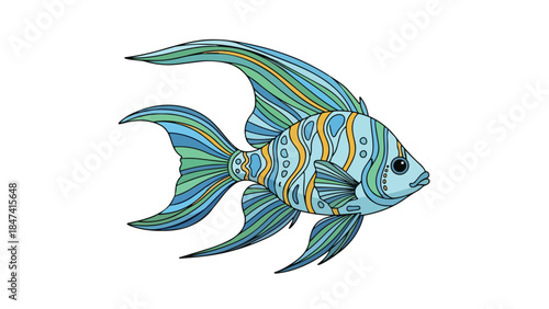 Whimsical aquatic creature with intricate patterns and flowing fins in vibrant oceanic hues on a pure white background