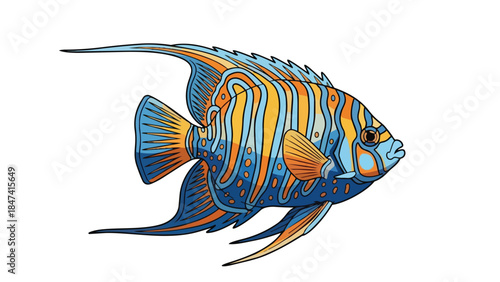 Ornate blue and orange striped angelfish illustration swimming on a plain white background with detailed fins and flowing elegant design elements
