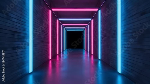 An immersive journey through a futuristic, geometric tunnel, brilliantly illuminated by vibrant, alternating pink and blue neon light strips. The reflective floor mirrors the glowing vertical and hori