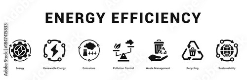 Energy Efficiency Modern and clean web banner illustration featuring thematic icons for visual communication