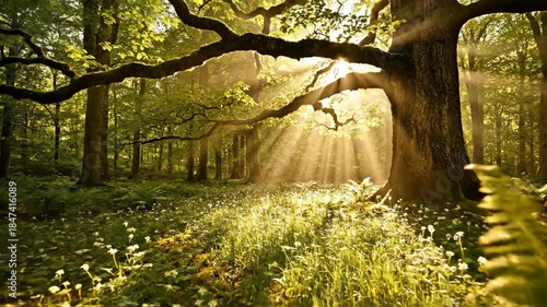 Sunlight streaming through ancient trees in a vibrant green forest, creating a magical and serene natural landscape.