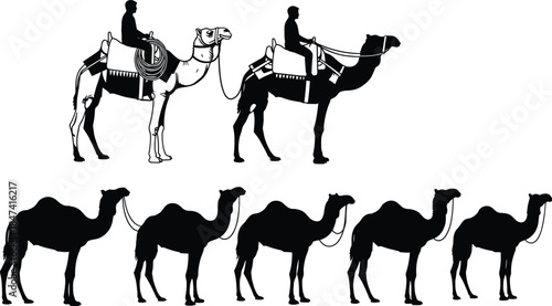 Set of Detailed Camel Silhouettes with Riders and Standing Dromedaries, Representing Desert Travel, Arabian Culture, Caravan, Safari, and Middle Eastern Heritage