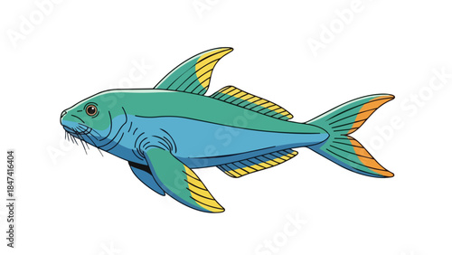 Vibrant illustration of a stylized aquatic creature with teal and blue hues and yellow fins, isolated on a pure white background