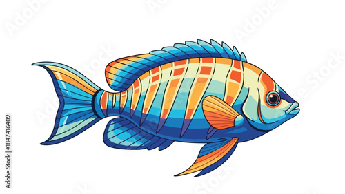 Vibrant Watercolor Fish Illustration with Blue and Orange Hues on a White Background