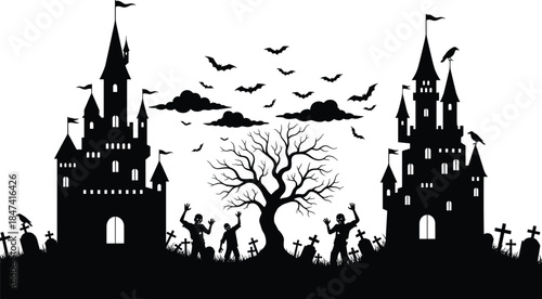 Spooky Halloween Night Silhouette Scene with Haunted Castles, Graveyard, Creepy Dead Tree, Flying Bats, and Creeping Zombies, Perfect for Horror Background