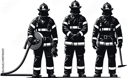 Set of Detailed Firefighter Silhouettes in Full Protective Gear with Helmets, Holding Fire Hose and Axe, Representing Professional Emergency Rescue