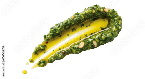 Green pesto sauce with basil and garlic on black green sauce herbs isolated on a transparent background